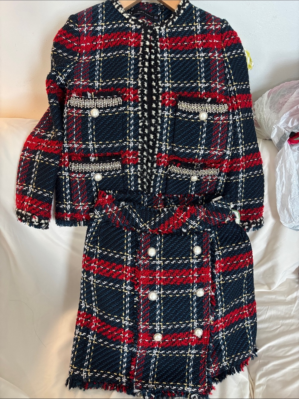 BRAND NEW Zara Navy, Red & Cream Plaid Tweed Jacket and Skirt Set!